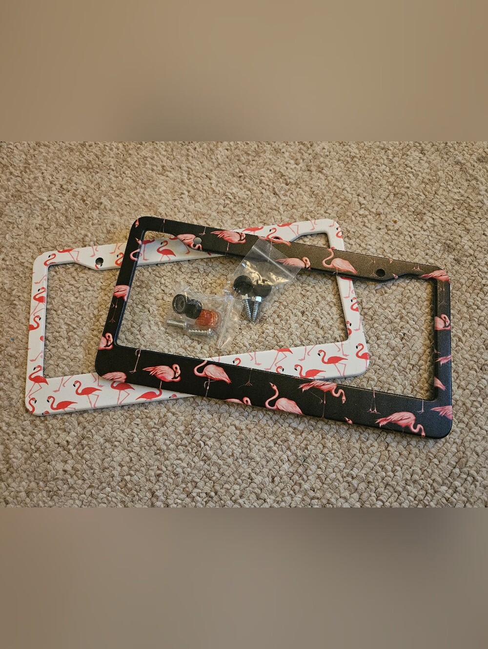 Flamingo Pattern License Plate Frame Set - Pink on Black & White